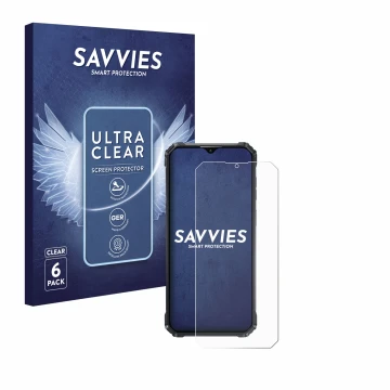Parte frontal de un envase de producto con el logotipo de la marca Savvies. Al lado se muestra el dispositivo Oukitel WP36 con