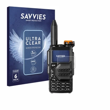 Parte frontal de un envase de producto con el logotipo de la marca Savvies. Al lado se muestra el dispositivo Quansheng UV-K5 