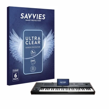 Parte frontal de un envase de producto con el logotipo de la marca Savvies. Al lado se muestra el dispositivo KORG Pa5X con su