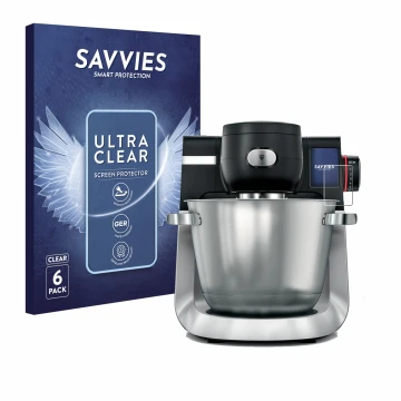 Parte frontal de un envase de producto con el logotipo de la marca Savvies. Al lado se muestra el dispositivo Bosch MUM Serie 