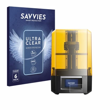 Parte frontal de un envase de producto con el logotipo de la marca Savvies. Al lado se muestra el dispositivo Anycubic Photon 