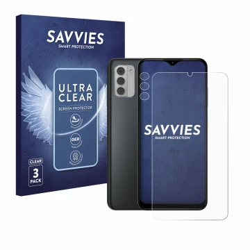 Parte frontal de un envase de producto con el logotipo de la marca Savvies. Al lado se muestra el dispositivo Nokia G42 5G (Fr