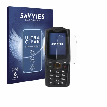 Parte frontal de un envase de producto con el logotipo de la marca Savvies. Al lado se muestra el dispositivo AGM M6 con su pr