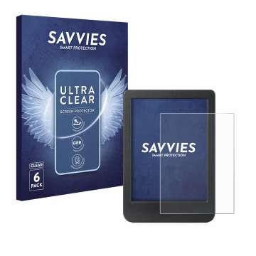 Parte frontal de un envase de producto con el logotipo de la marca Savvies. Al lado se muestra el dispositivo Kobo Clara BW co