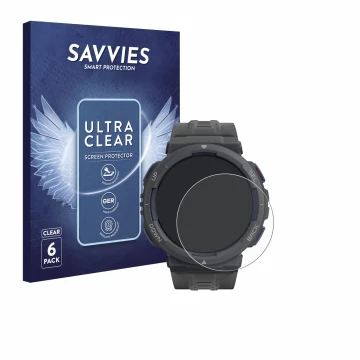 Parte frontal de un envase de producto con el logotipo de la marca Savvies. Al lado se muestra el dispositivo Amazfit Active E