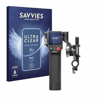 Parte frontal de un envase de producto con el logotipo de la marca Savvies. Al lado se muestra el dispositivo DJI Focus Pro- G