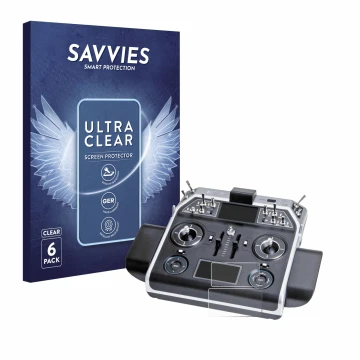 Parte frontal de un envase de producto con el logotipo de la marca Savvies. Al lado se muestra el dispositivo Graupner MC-28 c