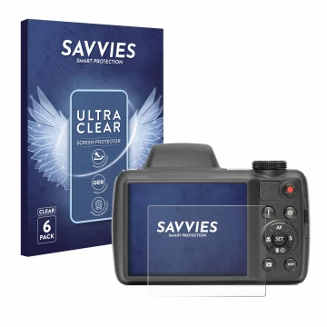 Parte frontal de un envase de producto con el logotipo de la marca Savvies. Al lado se muestra el dispositivo Kodak Pixpro AZ5