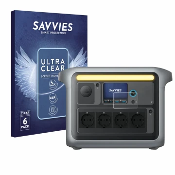 Parte frontal de un envase de producto con el logotipo de la marca Savvies. Al lado se muestra el dispositivo Anker SOLIX C100