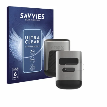 Parte frontal de un envase de producto con el logotipo de la marca Savvies. Al lado se muestra el dispositivo Opticon OPN-6000