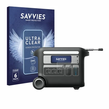 Parte frontal de un envase de producto con el logotipo de la marca Savvies. Al lado se muestra el dispositivo Anker SOLIX F200