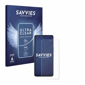 Parte frontal de un envase de producto con el logotipo de la marca Savvies. Al lado se muestra el dispositivo Infinix GT 20 Pr