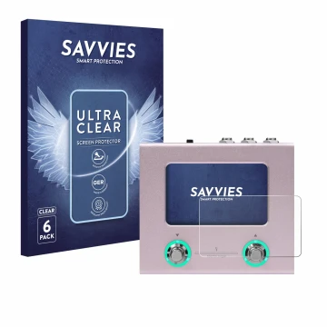 Parte frontal de un envase de producto con el logotipo de la marca Savvies. Al lado se muestra el dispositivo Hotone Ampero Mi