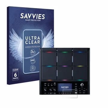 Parte frontal de un envase de producto con el logotipo de la marca Savvies. Al lado se muestra el dispositivo Roland SPD-SX PR
