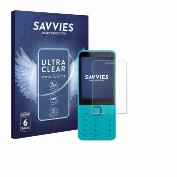 Parte frontal de un envase de producto con el logotipo de la marca Savvies. Al lado se muestra el dispositivo Nokia 235 4G (20