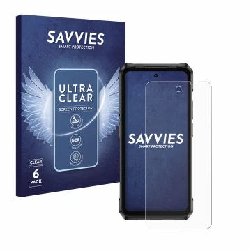 Parte frontal de un envase de producto con el logotipo de la marca Savvies. Al lado se muestra el dispositivo Ulefone Armor 26