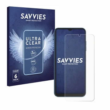 Parte frontal de un envase de producto con el logotipo de la marca Savvies. Al lado se muestra el dispositivo Hotwav Note 13 c