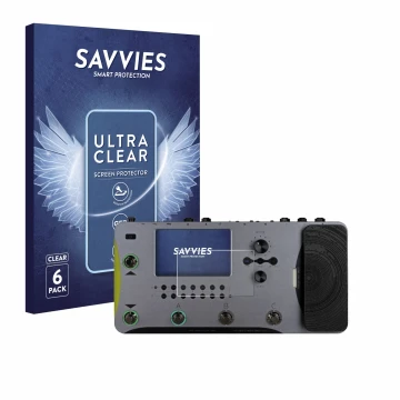 Parte frontal de un envase de producto con el logotipo de la marca Savvies. Al lado se muestra el dispositivo Mooer GE1000 con