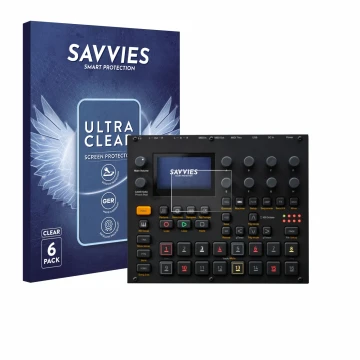 Parte frontal de un envase de producto con el logotipo de la marca Savvies. Al lado se muestra el dispositivo Elektron Digitak