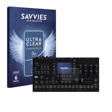 Parte frontal de un envase de producto con el logotipo de la marca Savvies. Al lado se muestra el dispositivo Elektron Octatra