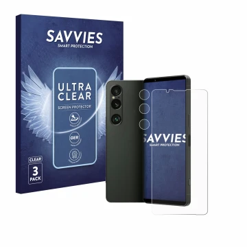 Parte frontal de un envase de producto con el logotipo de la marca Savvies. Al lado se muestra el dispositivo Sony Xperia 1 VI