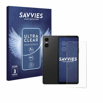 Parte frontal de un envase de producto con el logotipo de la marca Savvies. Al lado se muestra el dispositivo Sony Xperia 10 V