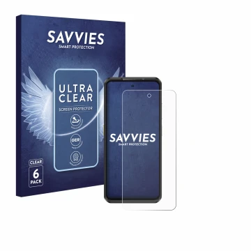 Parte frontal de un envase de producto con el logotipo de la marca Savvies. Al lado se muestra el dispositivo Ulefone Armor 25