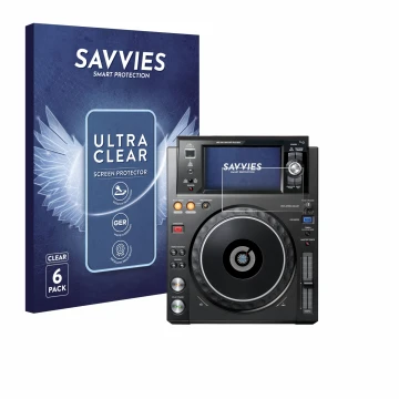 Parte frontal de un envase de producto con el logotipo de la marca Savvies. Al lado se muestra el dispositivo Pioneer XDJ -100