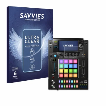 Parte frontal de un envase de producto con el logotipo de la marca Savvies. Al lado se muestra el dispositivo Pioneer DJS -100