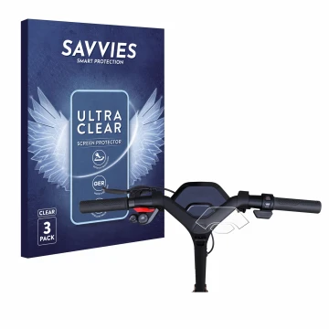 Parte frontal de un envase de producto con el logotipo de la marca Savvies. Al lado se muestra el dispositivo Segway Ninebot P