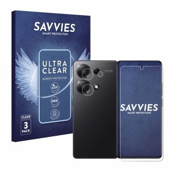 Parte frontal de un envase de producto con el logotipo de la marca Savvies. Al lado se muestra el dispositivo Xiaomi Redmi Not