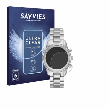 Parte frontal de un envase de producto con el logotipo de la marca Savvies. Al lado se muestra el dispositivo Michael Kors Rit