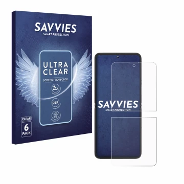 Parte frontal de un envase de producto con el logotipo de la marca Savvies. Al lado se muestra el dispositivo Blackview Hero 1