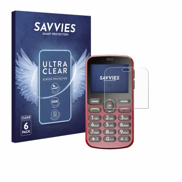 Parte frontal de un envase de producto con el logotipo de la marca Savvies. Al lado se muestra el dispositivo Doro 1880 con su