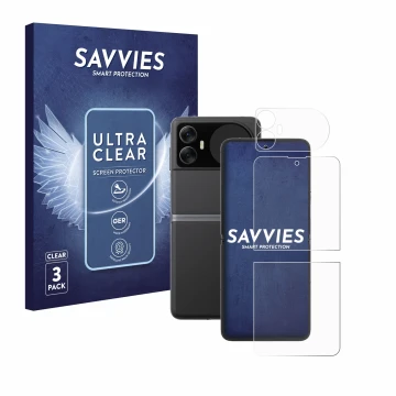 Parte frontal de un envase de producto con el logotipo de la marca Savvies. Al lado se muestra el dispositivo Blackview Hero 1
