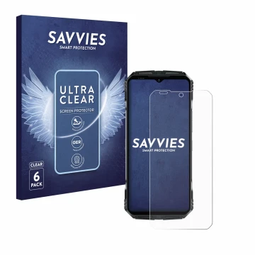 Parte frontal de un envase de producto con el logotipo de la marca Savvies. Al lado se muestra el dispositivo Doogee S118 con 