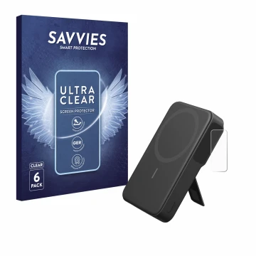Parte frontal de un envase de producto con el logotipo de la marca Savvies. Al lado se muestra el dispositivo Anker MagGo con 