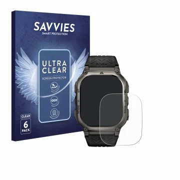 Parte frontal de un envase de producto con el logotipo de la marca Savvies. Al lado se muestra el dispositivo Kospet Tank M3 c