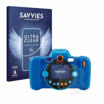 Parte frontal de un envase de producto con el logotipo de la marca Savvies. Al lado se muestra el dispositivo Vtech Kidizoom D