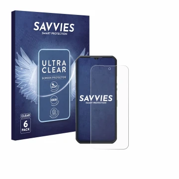 Parte frontal de un envase de producto con el logotipo de la marca Savvies. Al lado se muestra el dispositivo Oukitel WP35 5G 