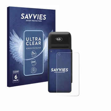 Parte frontal de un envase de producto con el logotipo de la marca Savvies. Al lado se muestra el dispositivo Verifone T650c c