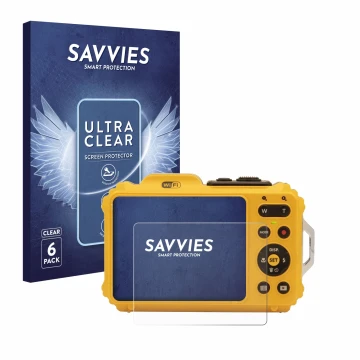 Parte frontal de un envase de producto con el logotipo de la marca Savvies. Al lado se muestra el dispositivo Kodak Pixpro WPZ