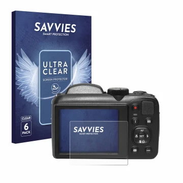 Parte frontal de un envase de producto con el logotipo de la marca Savvies. Al lado se muestra el dispositivo Kodak Pixpro AZ2