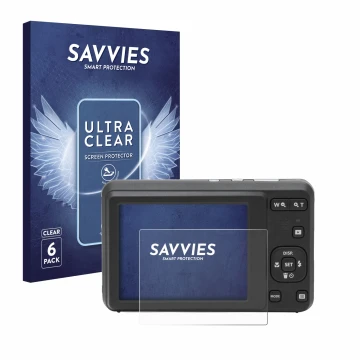 Parte frontal de un envase de producto con el logotipo de la marca Savvies. Al lado se muestra el dispositivo Kodak Pixpro FZ5