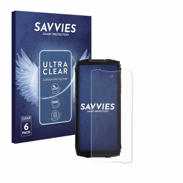 Parte frontal de un envase de producto con el logotipo de la marca Savvies. Al lado se muestra el dispositivo Blackview BV9300