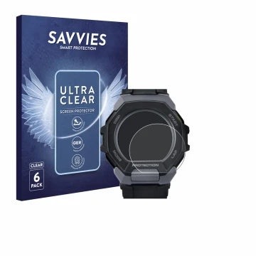 Parte frontal de un envase de producto con el logotipo de la marca Savvies. Al lado se muestra el dispositivo Casio G-Shock G-