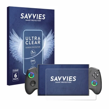 Parte frontal de un envase de producto con el logotipo de la marca Savvies. Al lado se muestra el dispositivo OneXPlayer X1 Mi
