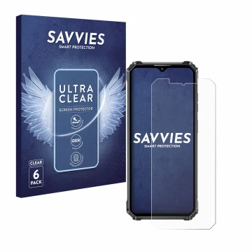 Parte frontal de un envase de producto con el logotipo de la marca Savvies. Al lado se muestra el dispositivo Oukitel WP28E co