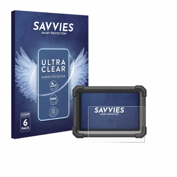 Parte frontal de un envase de producto con el logotipo de la marca Savvies. Al lado se muestra el dispositivo Launch X-431 Pro