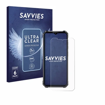 Parte frontal de un envase de producto con el logotipo de la marca Savvies. Al lado se muestra el dispositivo Oukitel WP28 S c